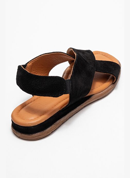 706 Hakiki Deri Siyah Süet Kadın Sandalet - Görsel 6