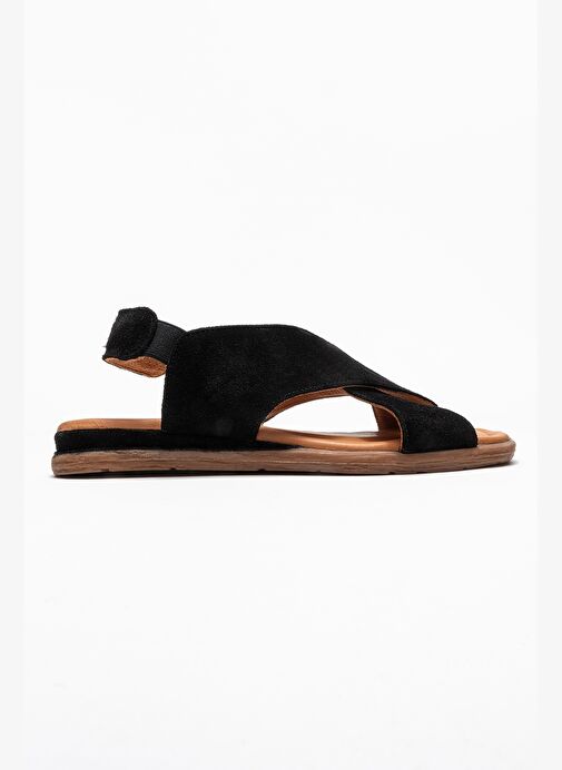 706 Hakiki Deri Siyah Süet Kadın Sandalet - Görsel 7