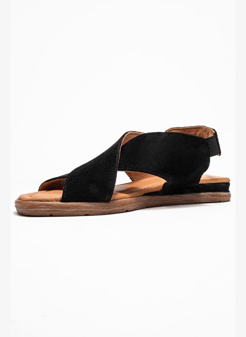 706 Hakiki Deri Siyah Süet Kadın Sandalet - Görsel 5