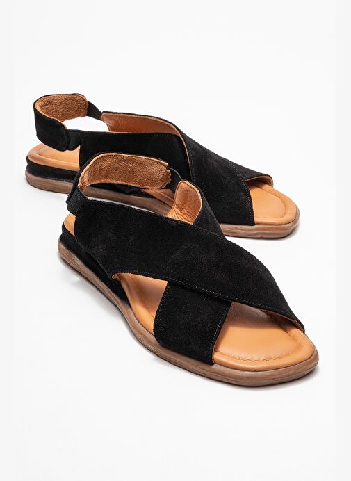 706 Hakiki Deri Siyah Süet Kadın Sandalet - Görsel 2
