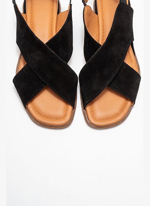 706 Hakiki Deri Siyah Süet Kadın Sandalet - Görsel 3