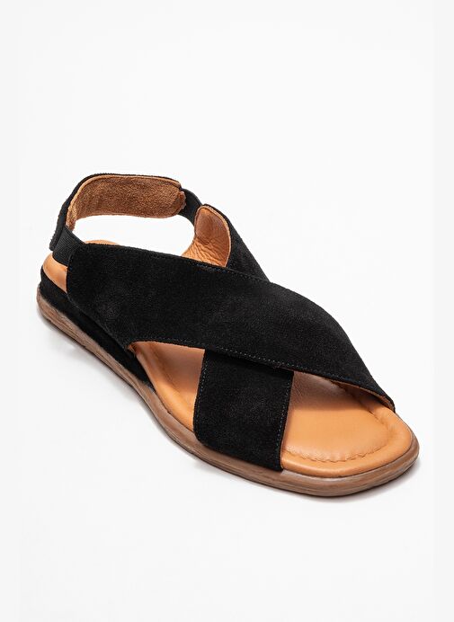 706 Hakiki Deri Siyah Süet Kadın Sandalet - Görsel 4