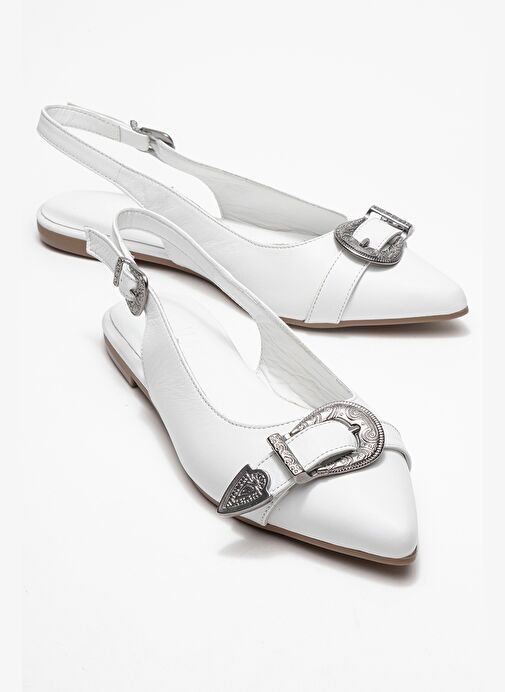 DOROTHY Beyaz Hakiki Deri Tokalı Sivri Burunlu Kadın Sandalet - Görsel 2