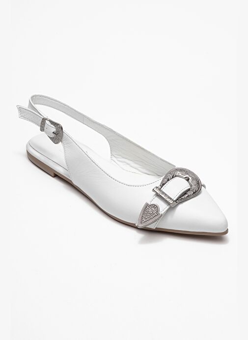 DOROTHY Beyaz Hakiki Deri Tokalı Sivri Burunlu Kadın Sandalet - Görsel 4