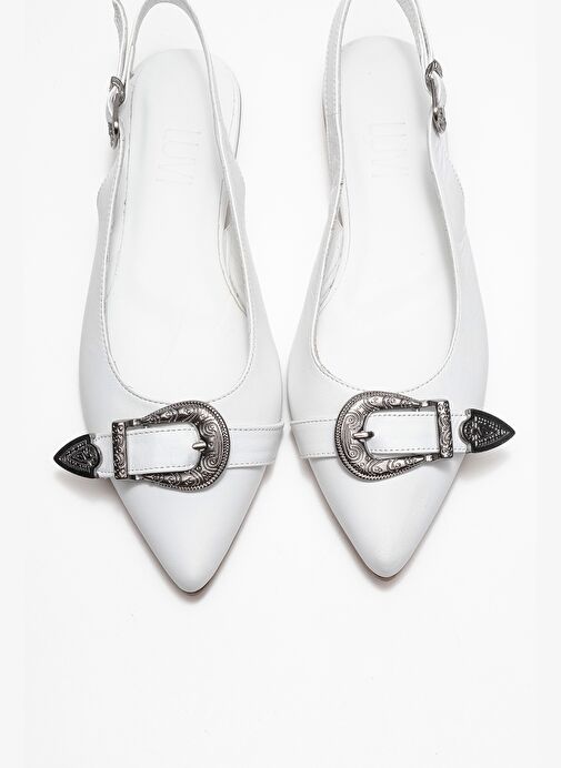 DOROTHY Beyaz Hakiki Deri Tokalı Sivri Burunlu Kadın Sandalet - Görsel 3