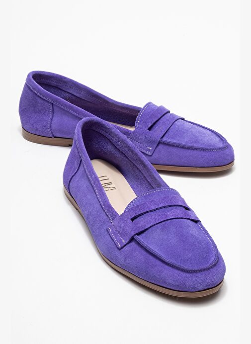 F02 Eflatun Süet Hakiki Deri Kadın Loafer Ayakkabı - Görsel 2