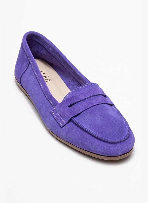 F02 Eflatun Süet Hakiki Deri Kadın Loafer Ayakkabı - Görsel 4