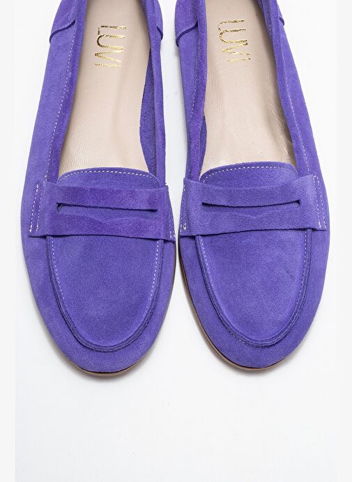 F02 Eflatun Süet Hakiki Deri Kadın Loafer Ayakkabı - Görsel 3