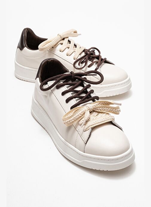 WARRON Ekru Kahverengi Hakiki Deri Kadın Sneakers - Görsel 2