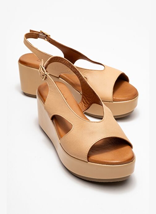 BRAD Koyu Bej Cilt Hakiki Deri Dolgu Topuklu Kadın Sandalet - Görsel 2
