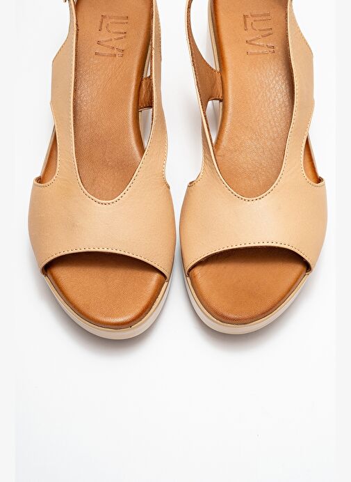 BRAD Koyu Bej Cilt Hakiki Deri Dolgu Topuklu Kadın Sandalet - Görsel 3
