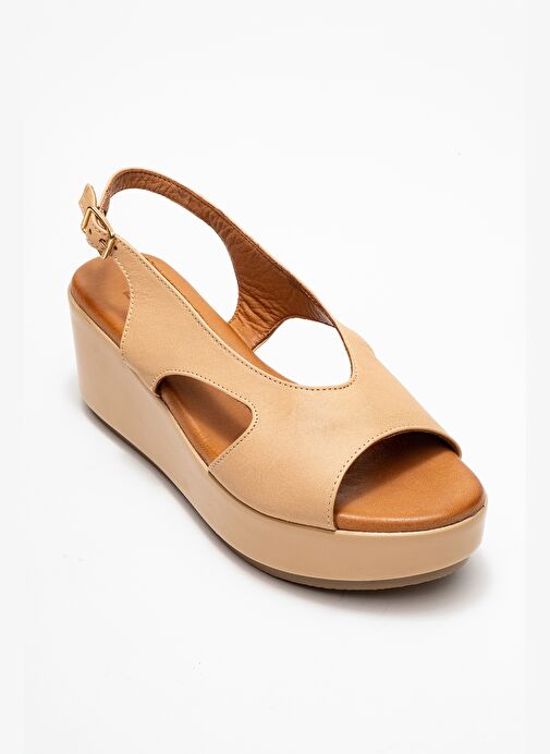 BRAD Koyu Bej Cilt Hakiki Deri Dolgu Topuklu Kadın Sandalet - Görsel 4