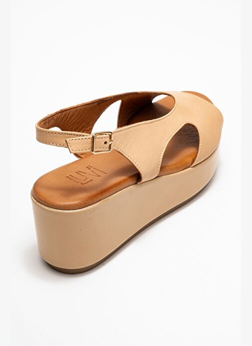 BRAD Koyu Bej Cilt Hakiki Deri Dolgu Topuklu Kadın Sandalet - Görsel 6