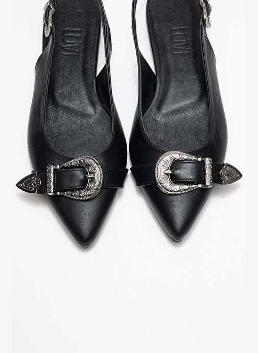 DOROTHY Siyah Hakiki Deri Tokalı Sivri Burunlu Kadın Sandalet - Görsel 3