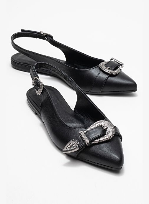 DOROTHY Siyah Hakiki Deri Tokalı Sivri Burunlu Kadın Sandalet - Görsel 2