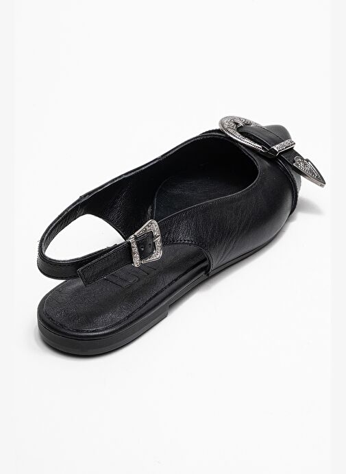 DOROTHY Siyah Hakiki Deri Tokalı Sivri Burunlu Kadın Sandalet - Görsel 6