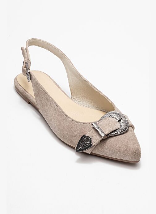 DOROTHY Bej Süet Hakiki Deri Tokalı Sivri Burunlu Kadın Sandalet - Görsel 4
