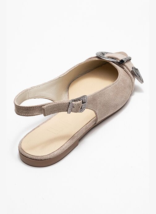 DOROTHY Bej Süet Hakiki Deri Tokalı Sivri Burunlu Kadın Sandalet - Görsel 6