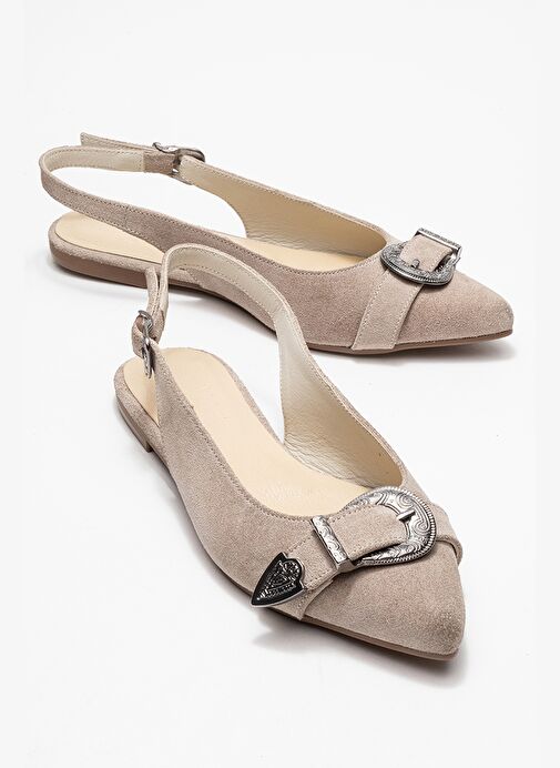 DOROTHY Bej Süet Hakiki Deri Tokalı Sivri Burunlu Kadın Sandalet - Görsel 2