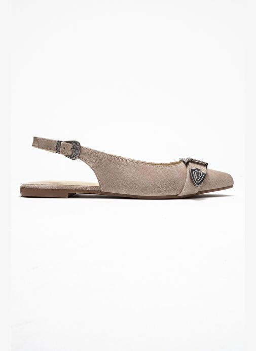 DOROTHY Bej Süet Hakiki Deri Tokalı Sivri Burunlu Kadın Sandalet - Görsel 7