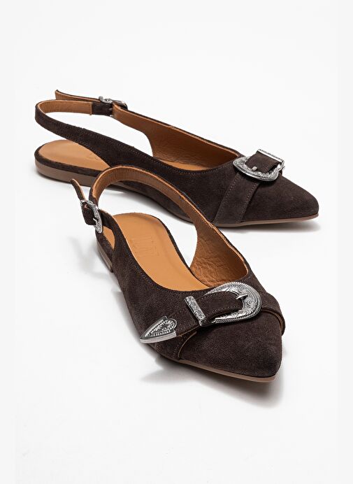 DOROTHY Kahverengi Süet Hakiki Deri Tokalı Sivri Burunlu Kadın Sandalet - Görsel 2