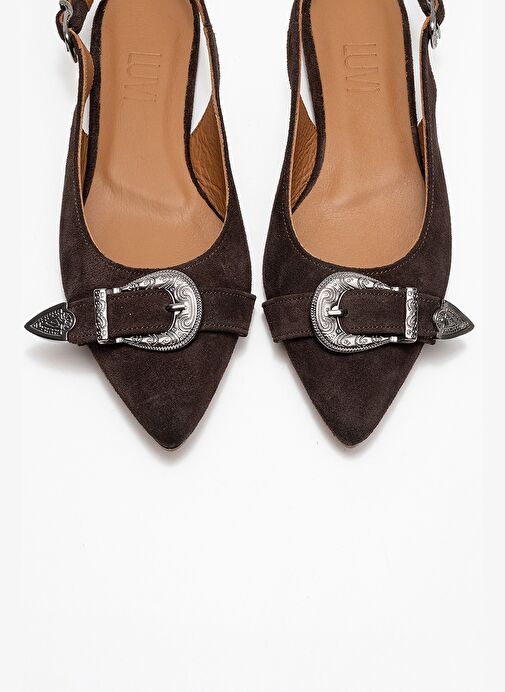 DOROTHY Kahverengi Süet Hakiki Deri Tokalı Sivri Burunlu Kadın Sandalet - Görsel 3