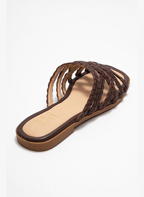 ALISHA Kahverengi Hakiki Deri Örgü Bantlı Kadın Terlik - Görsel 6