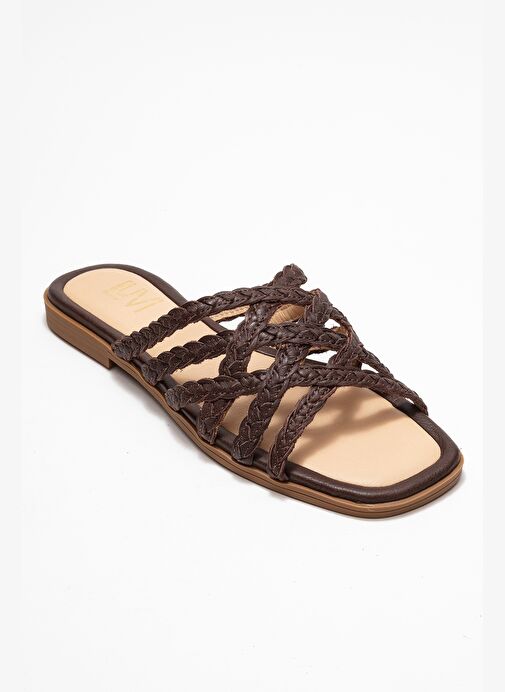 ALISHA Kahverengi Hakiki Deri Örgü Bantlı Kadın Terlik - Görsel 4