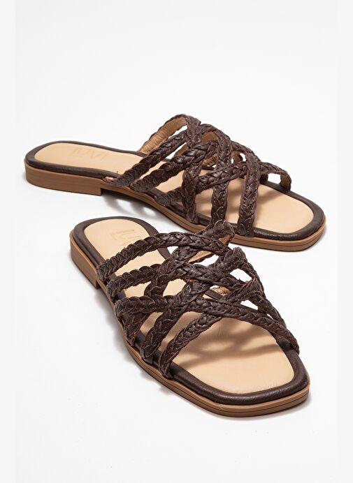 ALISHA Kahverengi Hakiki Deri Örgü Bantlı Kadın Terlik - Görsel 2