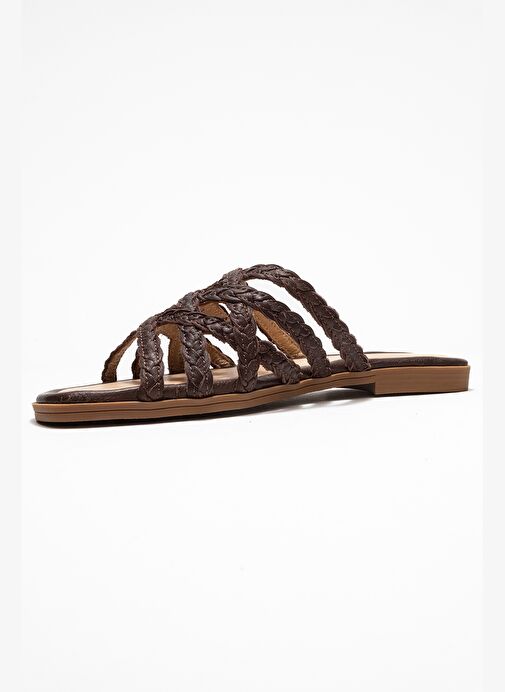 ALISHA Kahverengi Hakiki Deri Örgü Bantlı Kadın Terlik - Görsel 5