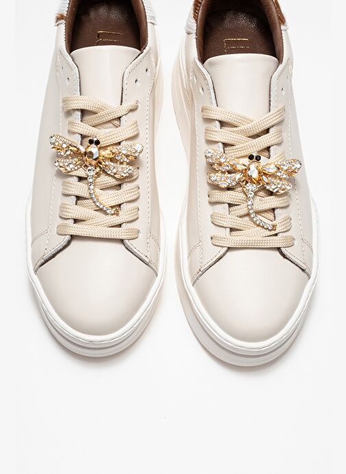 LAREN Ekru Cilt Hakiki Deri Tokalı Kadın Günlük Spor Ayakkabı - Görsel 3