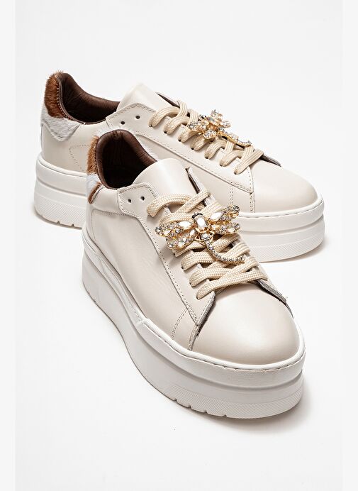 LAREN Ekru Cilt Hakiki Deri Tokalı Kadın Günlük Spor Ayakkabı - Görsel 2