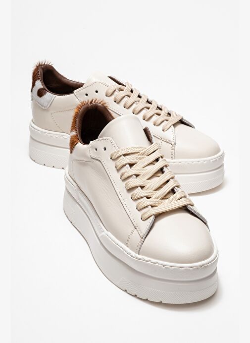 ANABEL Ekru Cilt Hakiki Deri Kadın Günlük Spor Ayakkabı - Görsel 2