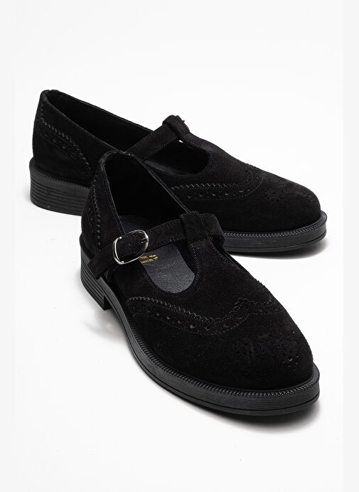 JANNEY Siyah Süet Hakiki Deri Bantlı Kadın Loafer Ayakkabı - Görsel 2
