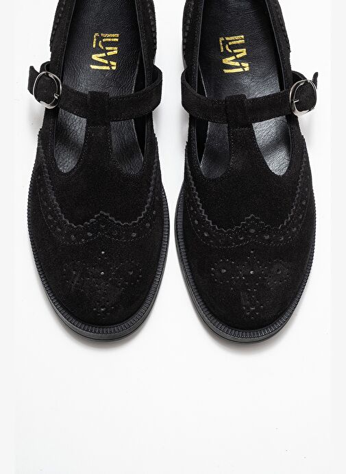 JANNEY Siyah Süet Hakiki Deri Bantlı Kadın Loafer Ayakkabı - Görsel 3