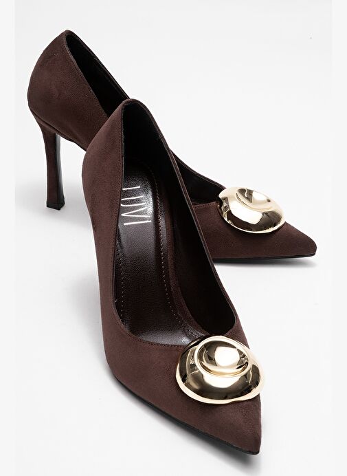 JORDANA Kahverengi Süet Gold Tokalı Kadın İnce Topuklu Ayakkabı - Görsel 2