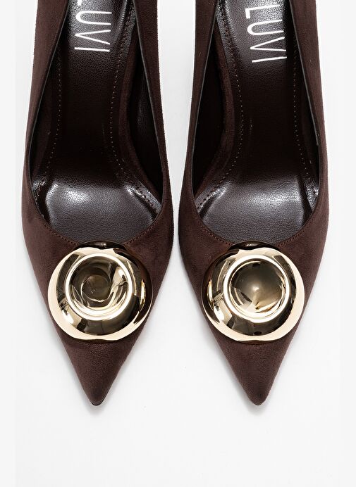 JORDANA Kahverengi Süet Gold Tokalı Kadın İnce Topuklu Ayakkabı - Görsel 3