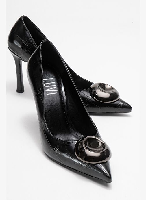 JORDANA Siyah Baskı Platin Tokalı Kadın İnce Topuklu Ayakkabı - Görsel 2