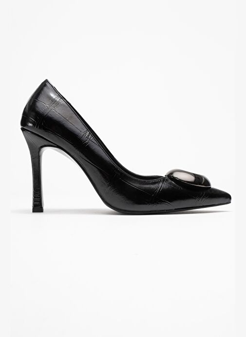 JORDANA Siyah Baskı Platin Tokalı Kadın İnce Topuklu Ayakkabı - Görsel 7