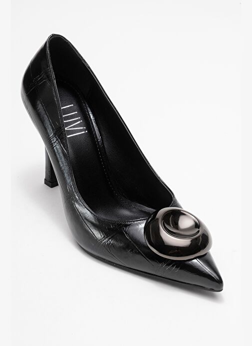 JORDANA Siyah Baskı Platin Tokalı Kadın İnce Topuklu Ayakkabı - Görsel 4