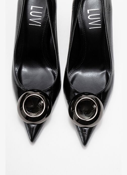 JORDANA Siyah Baskı Platin Tokalı Kadın İnce Topuklu Ayakkabı - Görsel 3