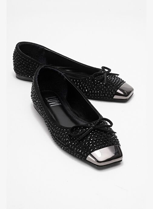 ABRA Siyah Süet Taşlı Fiyonklu Kadın Babet Ayakkabı - Görsel 2