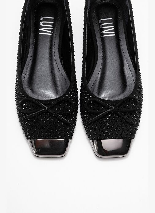 ABRA Siyah Süet Taşlı Fiyonklu Kadın Babet Ayakkabı - Görsel 3