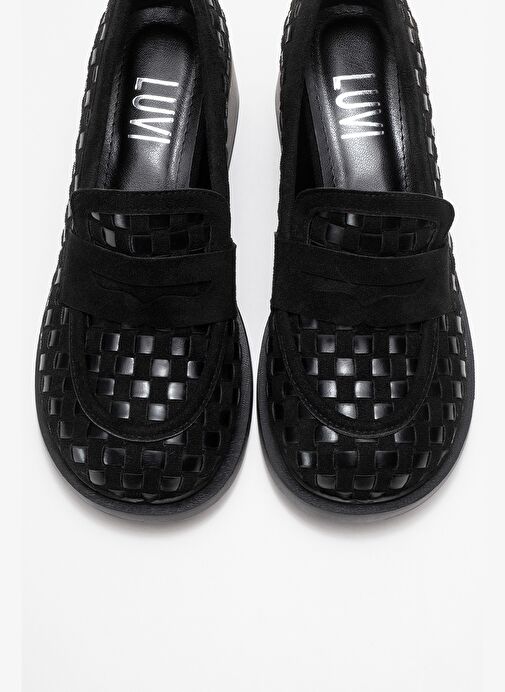 MARLON Siyah Örgülü Kadın Kalın Topuklu Loafer Ayakkabı - Görsel 3