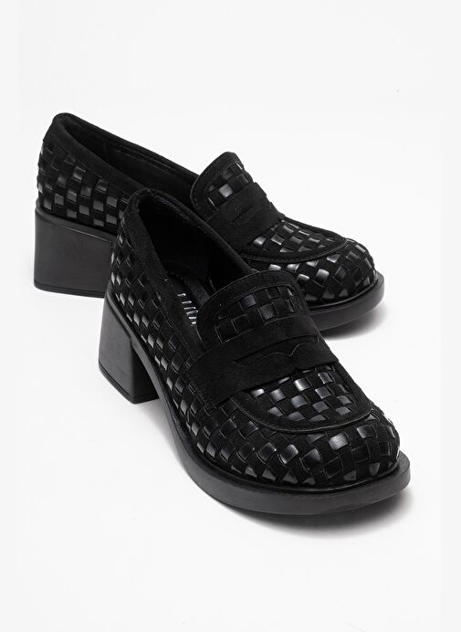 MARLON Siyah Örgülü Kadın Kalın Topuklu Loafer Ayakkabı - Görsel 2