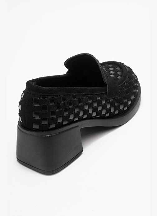 MARLON Siyah Örgülü Kadın Kalın Topuklu Loafer Ayakkabı - Görsel 6
