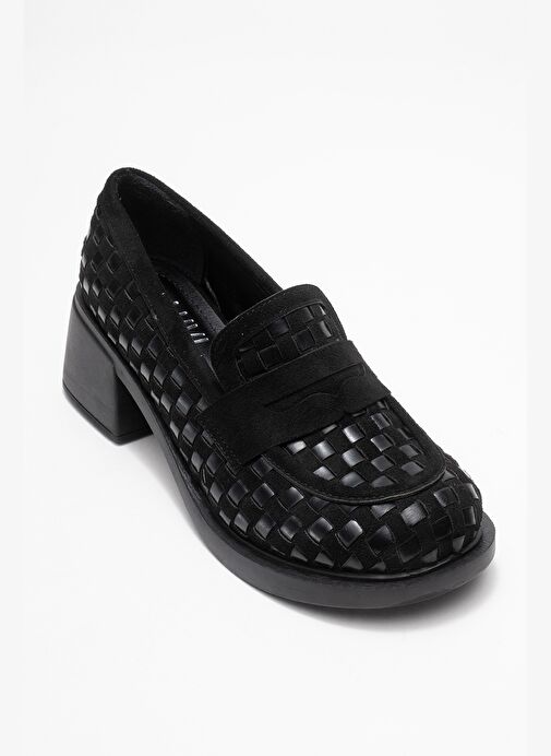 MARLON Siyah Örgülü Kadın Kalın Topuklu Loafer Ayakkabı - Görsel 4