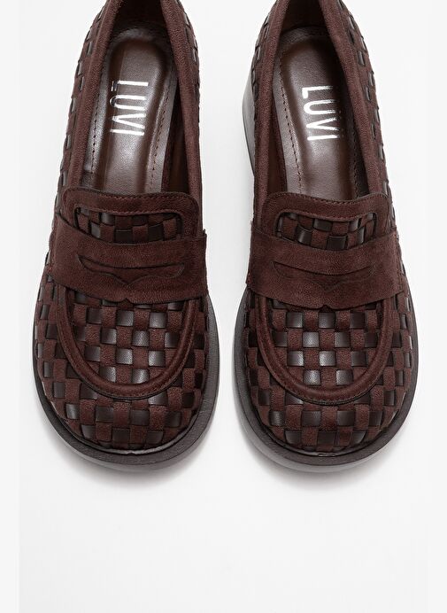 MARLON Kahverengi Örgülü Kadın Kalın Topuklu Loafer Ayakkabı - Görsel 3