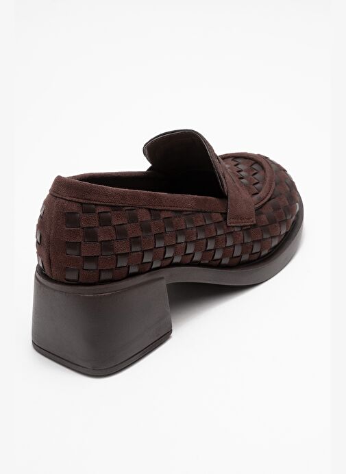 MARLON Kahverengi Örgülü Kadın Kalın Topuklu Loafer Ayakkabı - Görsel 6