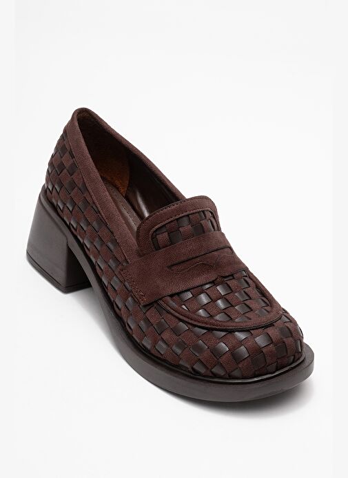 MARLON Kahverengi Örgülü Kadın Kalın Topuklu Loafer Ayakkabı - Görsel 4